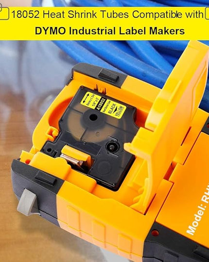 Rhino 6mm Yellow Heat Shrink Replace for DYMO 18052 A18052 Heat Shrink Tube Compatible with DYMO Industrial Rhino 4200, 5200, 5000, 6000, 6000+ Label Maker, 1/4, Black on Yellow, 4-Pack