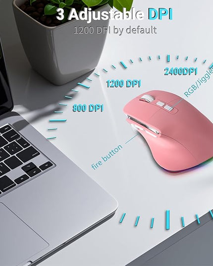Ergonomic Mouse Jiggler,Bluetooth Vertical Wireless Mouse,LED Rechargeable Optical Computer Mice, Portable(BT5.2 or USB 2.4GHz) Dual Mode,1000/1600/2400 DPI,8 Buttons for Laptop,PC,Macbook (pink)