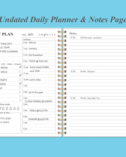 Daily Planner Undated - A5 To Do List Notebook Hourly Schedules, Spiral Appointment Planner for Women and Men, PVC Hardcover, Inner Pocket, Elastic Closure, 5.8" x 8.3", Blue Watercolor