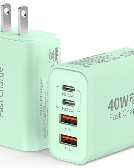 USB C Wall Fast Charger Block, 40W 4-Port Type C Chargers Fast Charging Blocks PD Power Charger Adapter+QC 3.0 USB Multiport Charger Brick for Phone 17/16/15/14/13/12 Pro Max, i-Pad, Galaxy S25-2Pack