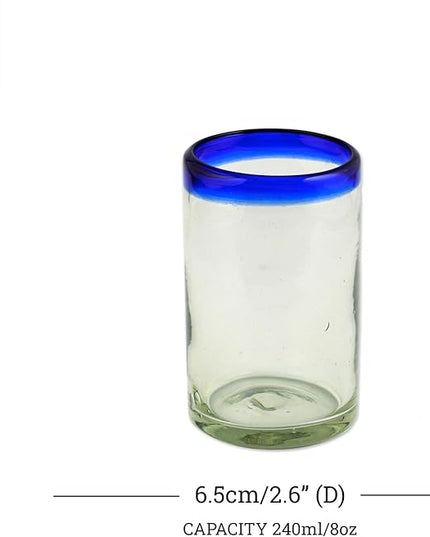 NOVICA Artisan Crafted Hand Blown Clear Blue Rim Recycled Glass Juice Glasses, 4.3In H X 2.6In Diam. 8 Oz. 'Cobalt' (Set Of 6)