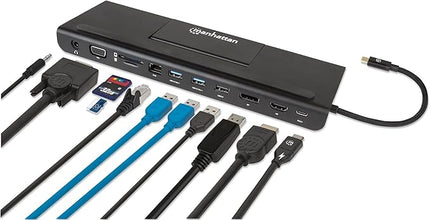 Manhattan USB-C 11 in 1 Docking Station -for 3 Display Monitors, Connect & Charge Devices-USB C to 4K HDMI/DP, 1080p VGA & 3 USB, 100W PD, Ethernet, SD Card Reader, 3.5 mm Aux –3 Yr Mfg Warranty