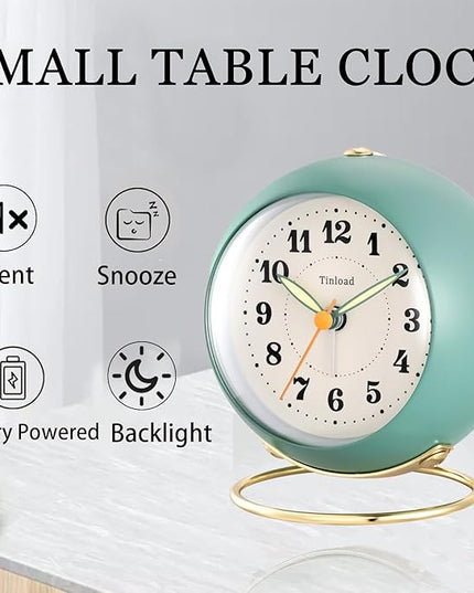 Tinload Analog Alarm Clock, Retro Simple Design Small Desk Clock with Manual Light, Battery Operated, Snooze, for Kids,Bedroom,Travel,Kitchen,Bedside Desktop(Green)