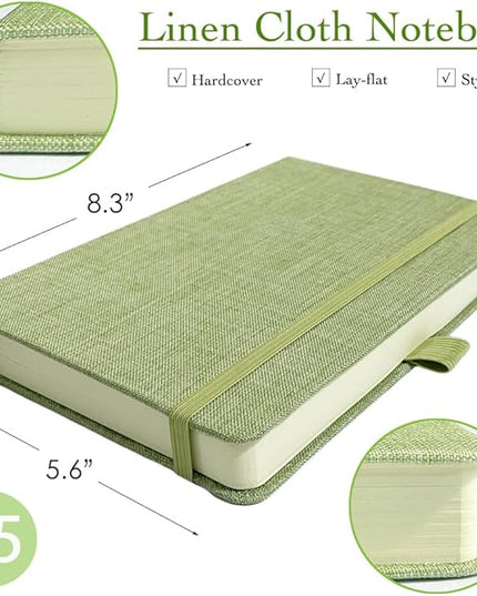 ipoul A5 Notebook, Linen Journal, 8x6, Lined Page, Journal for Writing, Hardcover, Lay Flat, Elastic Closure & Pen Loop, Green