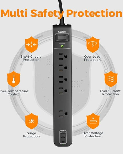 10Ft Surge Protector Power Strip- Addtam Extension Cord with 5 AC Outlets 3 USB Ports(2 USB C), 1875W/15A, Flat Plug, Outlet Extender for Home Office Supplies College Dorm Room Essentials,ETL Listed