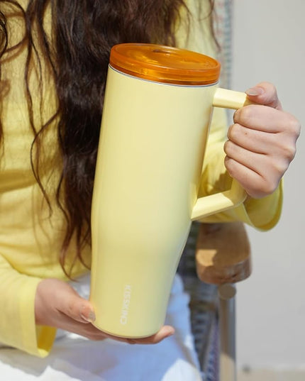 KISSKIND 40 oz Lumispin Tumbler with Handle and Hidden Straw, 100% Leak Proof Water Cup with Handle, Insulated Water Bottle for Travel, Mom, Nurse, Teacher, Student, Butter Yellow