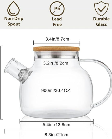 CnGlass Glass Teapot Stovetop Safe,30.4oz Clear Tea pot with Removable Filter Spout,Loose Leaf and Blooming Tea Maker