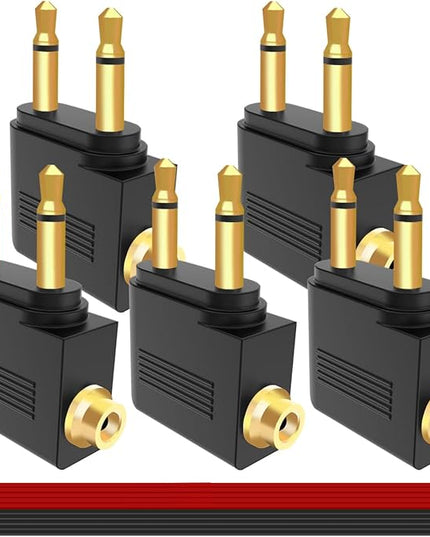 MKBKLLJY 5PCS Dual 3.5mm Male to 3.5mm Female Airplane Headphone Adapter Gold Plated Plug Socket Jack Stereo Aux Connectors Converters with Cable Tie, for Most Airline Dual Audio Jack