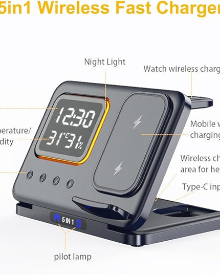 AYI 5in1 Multi Functional Wireless Charging Station with Digital Clock 15W Fast Charge Night Light Temperature Humidity Monitor Wireless Charger for All Qi Phone TWS Headphone and Apple Watch-White