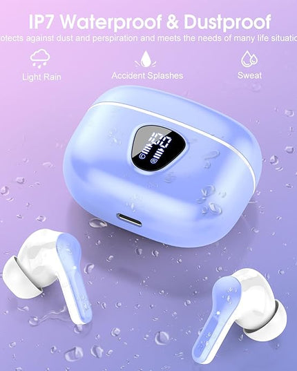 Wireless Earbuds, Bluetooth 5.4 Headphones HiFi Stereo, Bluetooth Earbuds with ENC Noise Cancelling Mic, IP7 Waterproof in Ear Earphones, 48H, LED Display Ear buds for Pad Workout Sports, White Purple
