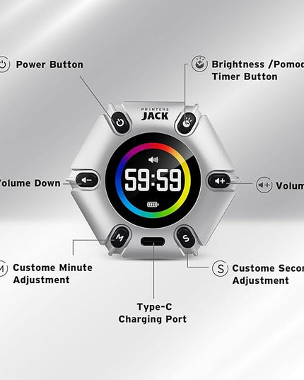 Jack Pomodoro Timer - Productivity Cube & Visual Focus Timer, Mute & Vibration & Adjustable Sound Alert, for Office, ADHD, Study & Work, 3/5/10/25/30/60min & Custom Countdown - Silver