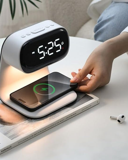 3in1 Multi-Functional Wireless Charging Alarm Clock Smart Night Light Qi Charger LED Digital Clock Adjustable Light 15W Fast Wireless Charging for All Qi Phone and TWS Headphone White