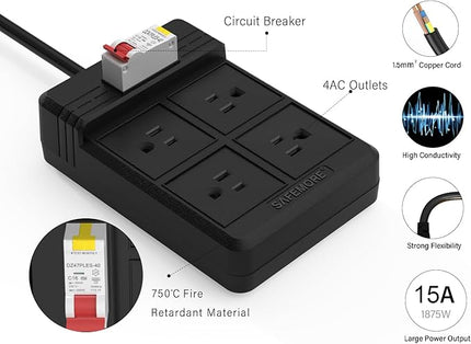 GFCI Power Strips with 9.84 FT Heavy Duty Extension Cord, 4 Gang Sockets 15A Fused SAFEMORE Power Strip 1875J with 30mA RCBO Leakage Protection,Surge Protected for Workshop Garage RV Indoor (Black)