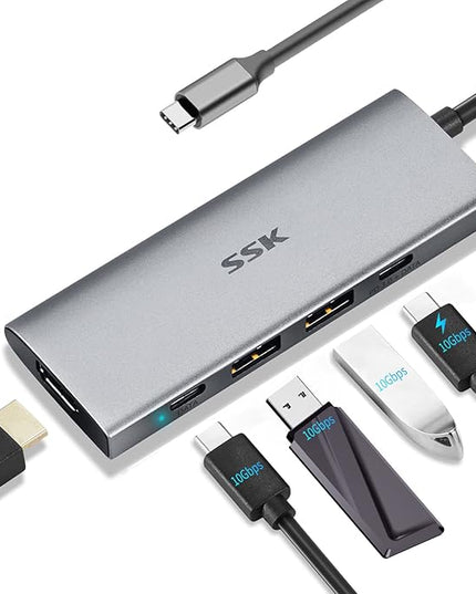 SSK 100W USB-C HUB, USB3.2 Gen 2 10Gbps 5 in 1 Type C Multiport Adapter with 4K HDMI, 2 USB C with 1 PD Powered, 2 USB A 3.2 Gen2 Ports, SuperSpeed USB Dock for Laptop MacBook Pro Air Dell Hp Lenovo