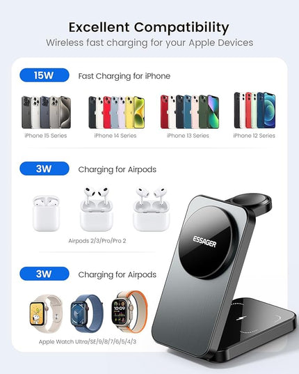 ESSAGER 3 in 1 Foldable Travel Wireless Charger Compatible with iPhone 16/15/14/13/12 Series, 15W Magnetic Wireless Charging Station for Desk for Airpods 4/3/2/Pro, iWatch with 20W Adapter