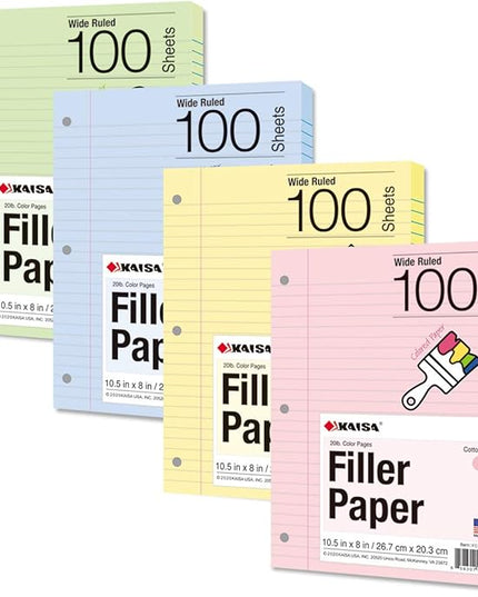 Kaisa Filler Paper Colored loose Leaf Paper, Wide Ruled 8x10.5in Colored Paper, 3-Hole Punched for 3-Ring Binders,100Sheets/pack 4Packs, FC10001W