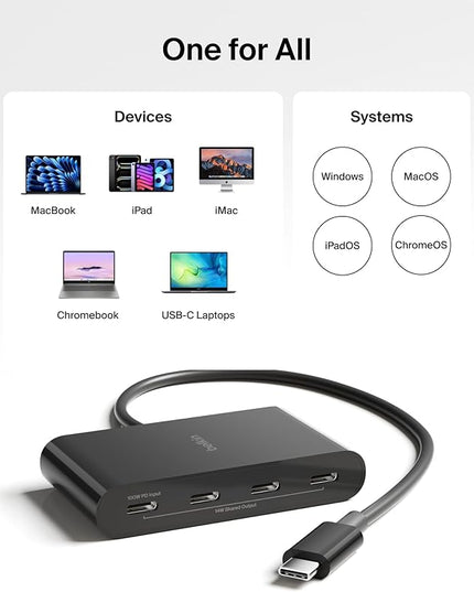 Belkin Connect 4 Port USB C Hub - Multiport Adapter Dongle with 4 USB C 3.2 Gen 2 Ports - High Speed 10G Data Transfer for Laptop, MacBook, iPad, PC, and More - 100W PD