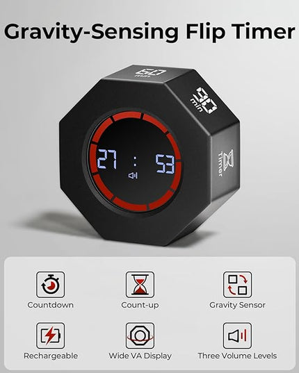 Rechargeable Pomodoro Timer, 8-Angle Auto-Rotating Screen with Gravity Sensor, Digital Timers for Classroom, Small Kitchen Timers for Cooking, Work and Study (Space Gray)