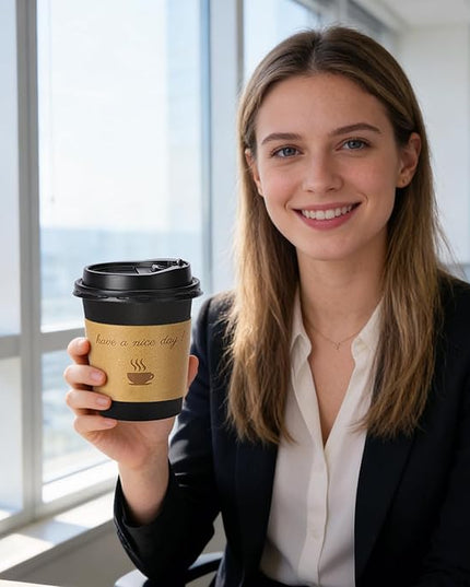 Lamosi 10 oz Coffee Cups with Lids 100 Pack, Disposable Coffee Cup with Stir Sticks and Sleeves, To Go Hot Paper Cup for Home, Travel, Office
