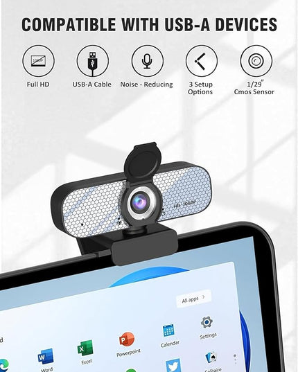 1080P HD Webcam with Built-in Microphone, Rotatable Tripod, Wide-Angle Lens,Privacy Cover, Auto Light Correction, Plug & Play USB-A Webcam for Laptop, Desktop, PC, Streaming-White