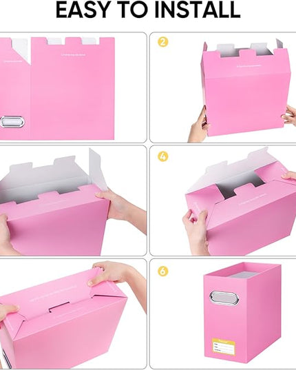 BALEINE File Organizer Box, Cardboard File Folder Organizer with Handle for Letter Size, Portable Collapsible Hanging Filing Box for Home Office Document Storage (4 Pack, Pink)