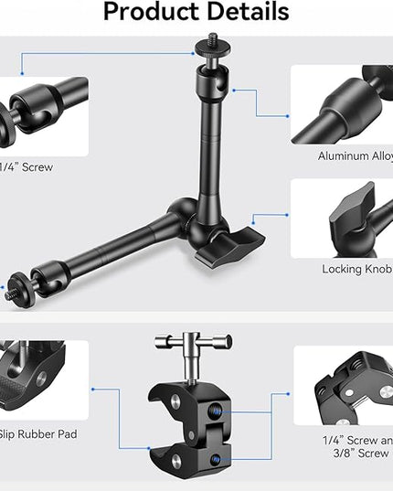 EMART 10inch Articulating Magic Arm Camera Mount with Super Clamp, Friction Power Adjustable Camera Mounts & Clamps with Magicarm and Cold Shoe for Photography/Videography/Webcam/Flash Light