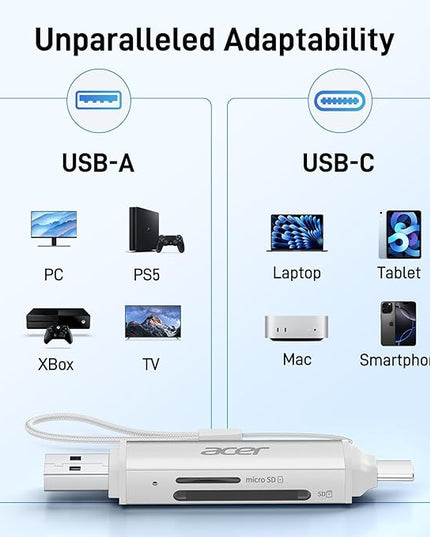 acer SD Card Reader USB C, Dual Slots USB 3.0 Type C to Micro SD Card Adapter, Memory Card Reader for MicroSD, SDHC, SDXC, Compatible with Laptop, PC, iPhone16/15, MacBook, iPad Pro, Android-Silver
