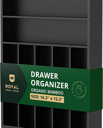 ROYAL CRAFT WOOD Luxury Bamboo Kitchen Drawer Organizer - Silverware Organizer - Utensil Holder and Cutlery Tray with Grooved Drawer Dividers for Flatware and Kitchen Utensils (7 Slot, Black)