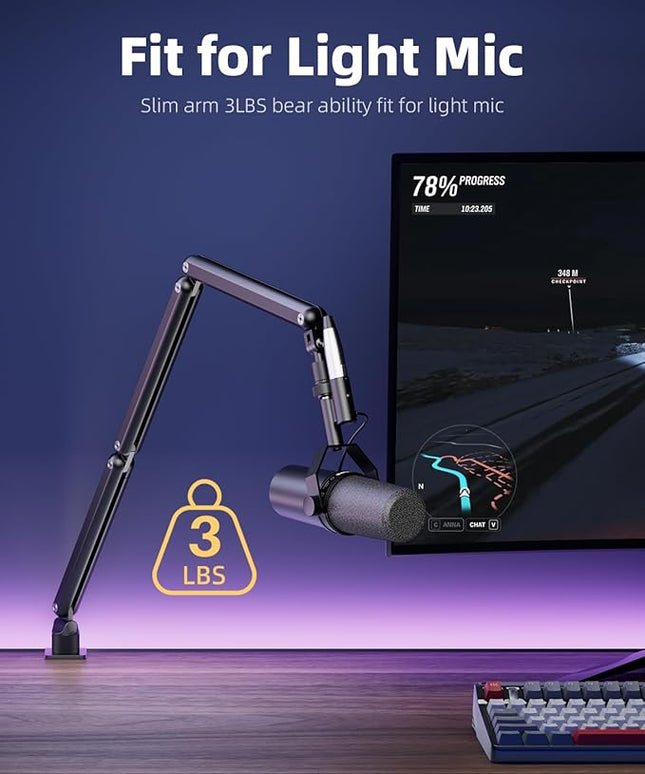 TODI Mic Arm for Lightweight Mics, Microphone Arm Rotatable, Storable Desk Mic Stand for Bear 3LB with Mount Clamp, Mic Stand Boom Arm with Cable Channel with 3/8'' 5/8'' Thread for Podcast, Gaming