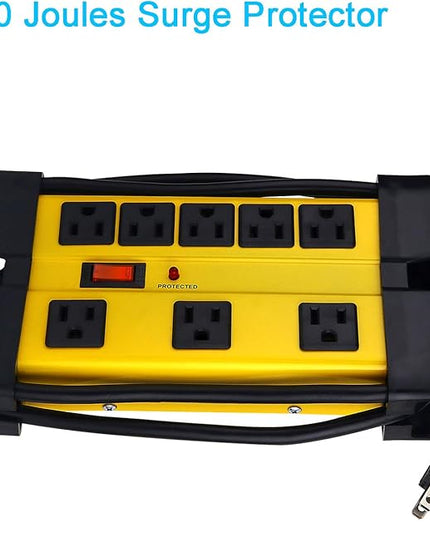 Heavy Duty Surge Protector for Appliances, 8 Outlet Workshop Power Strip with 1200 Joules, Metal with 10 FT Extension Cord and Wide Spaced. Yellow