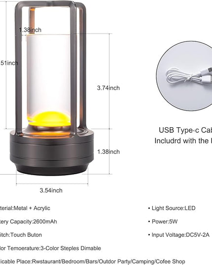 Portable Metal Table Lamp for Indoor/Outdoor ,Rechargeable Cordless LED Lamp, 3-Colour Infinitely Dimming Battery Powered Small Desk Lamp, Restaurant/Bedroom/Bar/Coffee Shop/Camping Light (Grey)