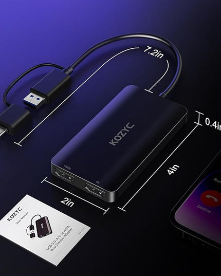 KOZYC USB 3.0 to HDMI Splitter Extended Display Dual Monitors, USB 3.0-A/C to Dual HDMI Adapter 4K@30Hz+1080p@60Hz Compatible MacBook/MacBook Pro Air Dell (MST Support MacOS/Windows)