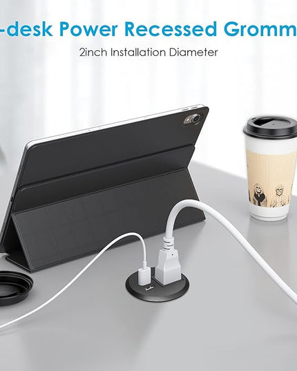 Jgstkcity Desktop Power Grommet, 2 inch, Black, 1 AC Outlet and 2 USB Ports, 6.56ft Cable, Fire Resistant Outer Shell
