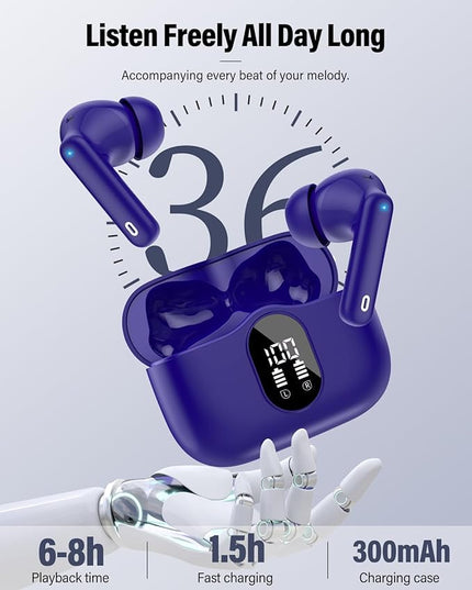 Wireless Earbuds, Bluetooth 5.4 Headphones Bass Stereo, Ear Buds with Noise Cancelling Mic, LED Display in Ear Earphones Clear Calls, IP7 Waterproof Bluetooth Earbuds for Laptop/Phones, Dark Blue