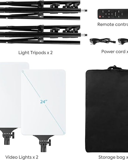 2-Pack 24'' LED Video Light Kit, Heorryn 2800-7500K Dimmable Photography Lighting with Remote and 75inches Stand, CRI 96+ Studio Lights for TikTok, YouTube, Game Streaming, Video Photography