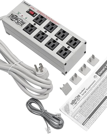 Tripp Lite Isobar 8 Outlet Surge Protector Power Strip, 12ft. Cord, Right Angle Plug, 3840 Joules, Diagnostic LEDs, Tel/Fax/Modem, Metal, (ISOTEL8 ULTRA) , Gray