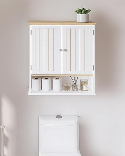 Over The Toilet Bathroom Wall Cabinet with 2 Doors & Open Shelf – Space Saving Medicine Cabinet, Wooden Wall Mounted Storage Cupboard for Bathroom Organization White