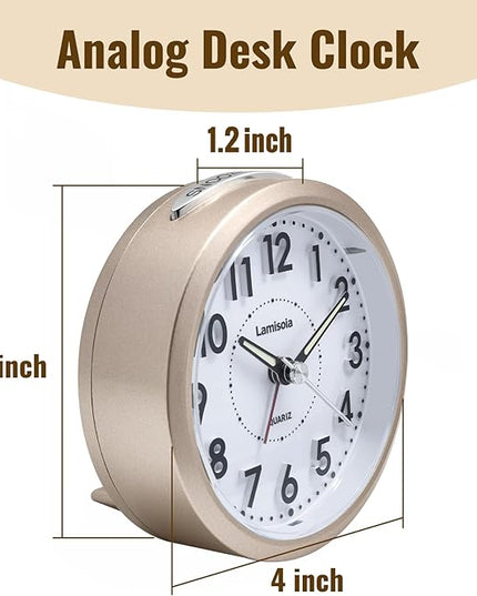 Lamisola Small Alarm Clocks for Bedrooms, 4 Inch Analog Battery Desk Clock, Retro Clock for Bedroom Decoration, Slient, Large Display for Seniors, Loud Alarm Clock for Heavy Sleepers, Champagne Gold