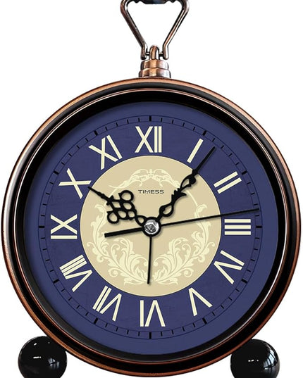 TIMESS Vintage Analog Alarm Clock, 4.3" Silent Non-Ticking Quartz Desk Clock with Roman Numerals, Battery Operated Table Clock for Bedroom, Living Room, Office, or Gift (Blue)