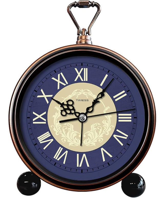 TIMESS Vintage Analog Alarm Clock, 4.3" Silent Non-Ticking Quartz Desk Clock with Roman Numerals, Battery Operated Table Clock for Bedroom, Living Room, Office, or Gift (Blue)