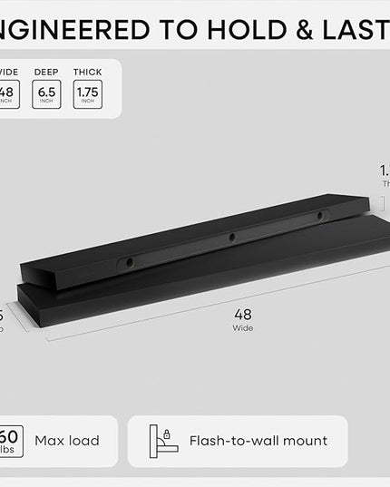 Homeforia Black Floating Shelf 48 inches, High End Solid Real Wood 48 inch Long Floating Shelves for Wall, Black Wooden 48inch Large Floating Shelves, Heavy Duty Bracket, 48 X 6.5 X 1.75 in, Set of 3