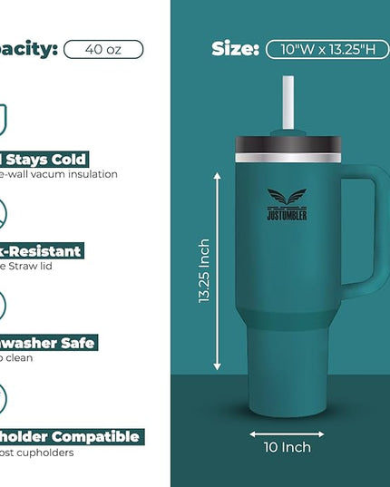 40 Oz Insulated Tumbler with Handle and Straw, Stainless Steel Coffee Travel Mug with Lid, Leak Proof Water Bottle with Accessories, Blue Spruce