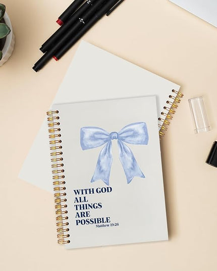 Coquette Blue Bow Christian Spiral Journal Notebook 5.5x8.3in, with God All Things Are Possible Inspirational Prayer Journal for Woman, Inspirational Bible Notebooks for Note Taking