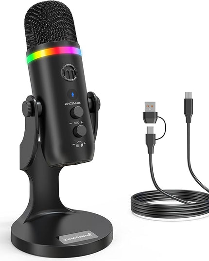 ZealSound Podcast Microphone for PC, USB Noise Cancelling Mic with RGB Lighting, Mute & Gain Control, Zero-Latency Monitoring for Mac, iPhone, iPad, Computer, Streaming, Recording, Podcasting K66 Pro