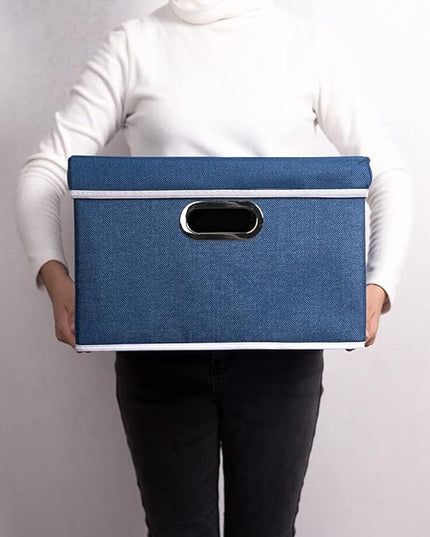PRANDOM Foldable Storage Bin with Lid [5-Pack] Linen Fabric Decorative Storage Box Organizer Container Basket Cube with Handles Divider for Closet Office Living Room Royal Blue(14.9x9.8x9.8)
