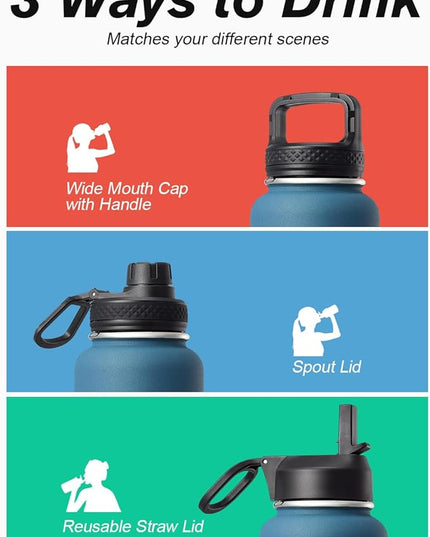 Water Bottle 40 oz Insulated with Straw, Coolflask Stainless Steel Metal 3 Lids Water Flask for Sports or Office, Keep Cold 48H Hot 24H, Samurai Cyan