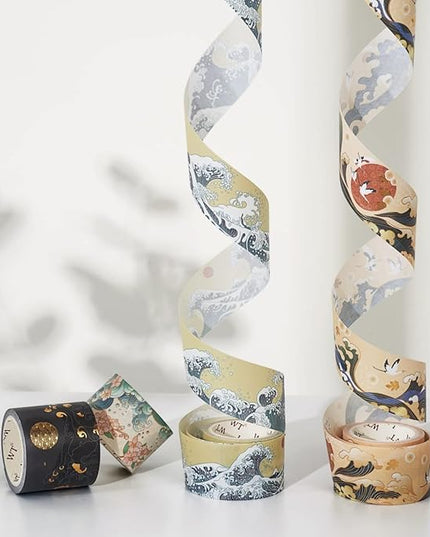 WT Waves of Rebun Washi Tape Set, 4 Rolls, Gold Foil, Decorative Masking Tape, Bujo Planner Supplies, DIY Crafts Tape, Adhesive Wrapping Tape, Paper Tape, Journaling Gifts