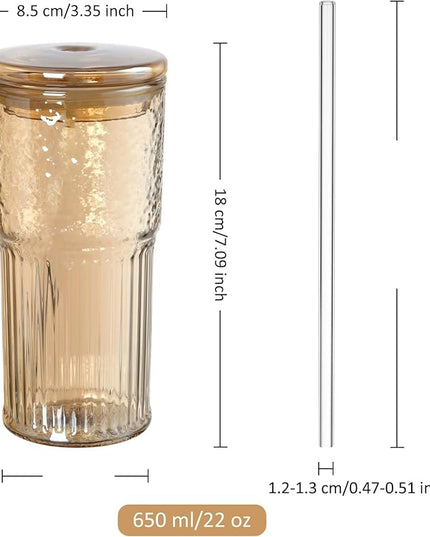 Joeyan 22 oz Amber Glass Tumbler with Straw and Lid for Iced Tea Coffee Smoothie Water Juice Beverages Soda,Ribbed Glasses Cups,Borosilicate Drinking Jar,Set of 2,Dishwasher Safe