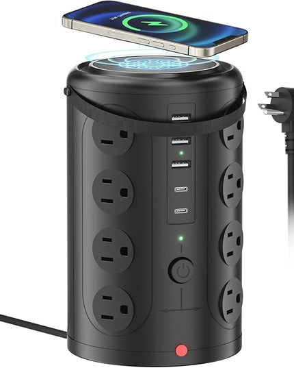 Surge Protector Power Strip - Desk Charging Station with 15W Wireless Charger, Multiple Outlets Charging Station with 16 2300J AC Outlets & 5 USB (2 USB C) Port, for Home, Office, Dorm Room