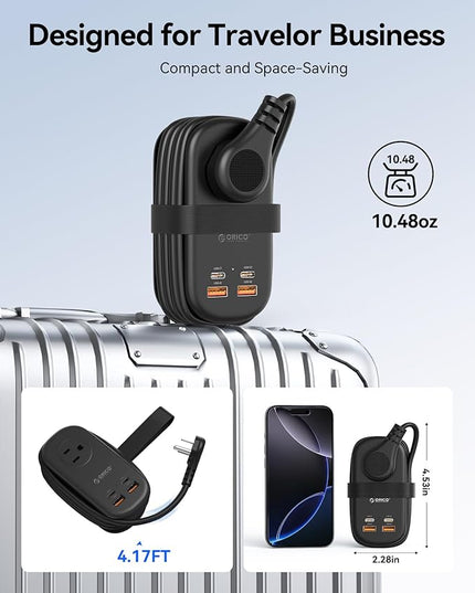 ORICO 65W GaN Travel Power Strip with 7-in-1 Charging Ports (3 AC Outlets/2 USB-A/2 USB-C), Flat Plug and 4FT Extension Cord, Fast Charger for MacBook Pro/Air, iPad Pro, iPhone 17/16/15 -AP3